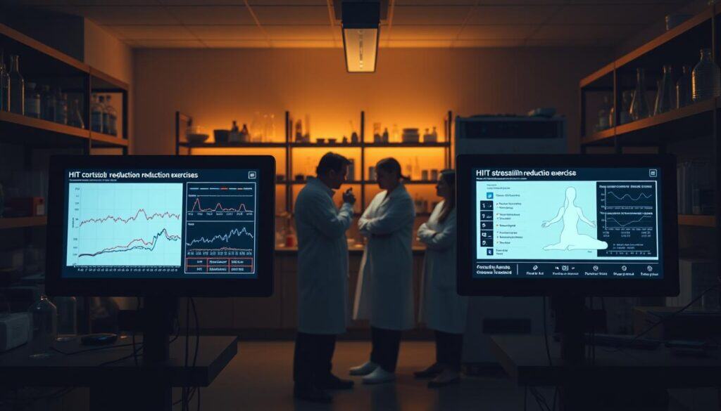 A dimly lit, scientific laboratory setting. In the foreground, two side-by-side interactive digital displays showcase a comparison of "cortisol reduction exercises" - HIIT (High-Intensity Interval Training) on the left, and Yoga on the right. The displays feature detailed graphs, charts, and visualizations that illustrate the physiological effects of each exercise modality on stress hormone levels. In the middle ground, a team of researchers in lab coats examine the data, deep in discussion. The background is filled with shelves of scientific equipment, beakers, and other lab apparatus, bathed in a warm, contemplative lighting that sets a scholarly, analytical tone. A dimly lit, scientific laboratory setting. In the foreground, two side-by-side interactive digital displays showcase a comparison of "cortisol reduction exercises" - HIIT (High-Intensity Interval Training) on the left, and Yoga on the right. The displays feature detailed graphs, charts, and visualizations that illustrate the physiological effects of each exercise modality on stress hormone levels. In the middle ground, a team of researchers in lab coats examine the data, deep in discussion. The background is filled with shelves of scientific equipment, beakers, and other lab apparatus, bathed in a warm, contemplative lighting that sets a scholarly, analytical tone.