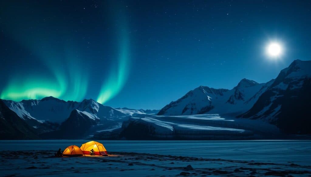 A dramatic arctic landscape under a starry night sky. In the foreground, a group of adventurers pitch their tents on a frozen lake, illuminated by the warm glow of their headlamps. The middle ground features rugged mountains with snow-capped peaks, their jagged silhouettes standing in sharp contrast against the aurora borealis dancing across the heavens. In the background, a massive glacier gleams under the pale moonlight, its icy cliffs and crevasses hinting at the challenges and wonders that await the intrepid explorers. Cinematic lighting and a wide-angle lens capture the scale and grandeur of this extreme Arctic adventure.