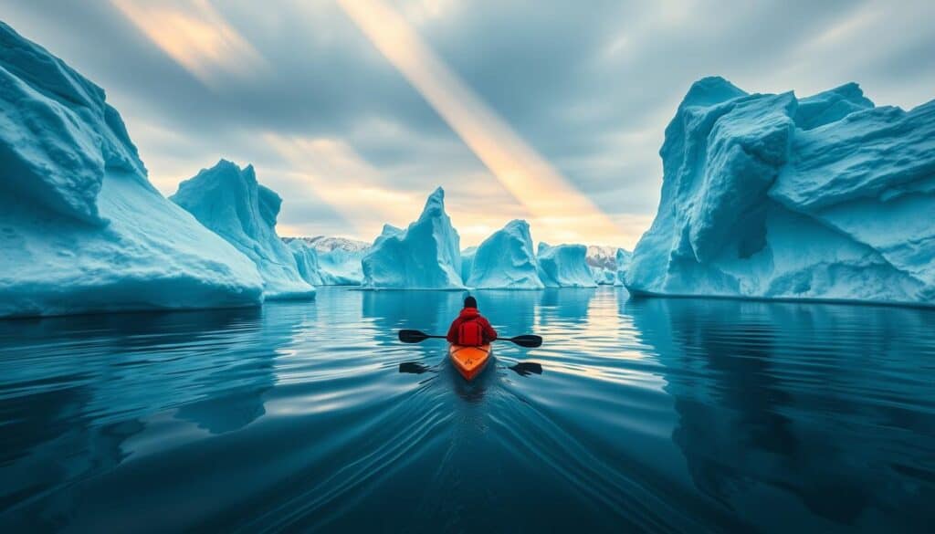 A lone kayaker navigates through the serene, ice-filled waters of Greenland's Arctic frontier. Massive, sculpted icebergs rise from the deep, turquoise ocean, casting dramatic shadows across the glassy surface. The kayaker, clad in a vibrant red survival suit, paddles with precision, weaving between the towering, crystalline formations. Beams of warm, golden sunlight filter through breaks in the overcast sky, illuminating the scene with a soft, ethereal glow. The vast, rugged landscape of the Greenland coast stretches out in the distance, a stark and awe-inspiring backdrop to this intimate, human-powered journey through a world of ice.