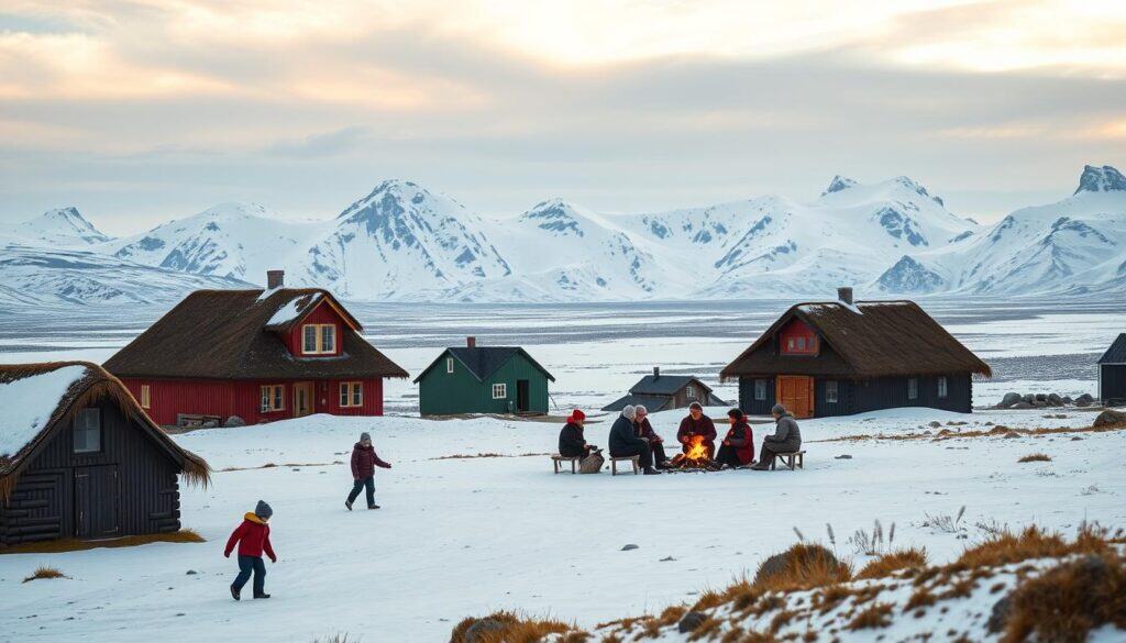 A quaint Greenlandic village nestled in the vast Arctic landscape. In the foreground, traditional turf-roofed houses stand in harmony with the rugged terrain, their colorful facades and intricate designs reflecting the region's unique cultural heritage. Children play in the snow, their laughter echoing through the crisp, clear air. In the middle ground, a group of Inuit elders gathers around a crackling fire, sharing stories and passing down their ancestral knowledge. In the background, towering glaciers and snow-capped mountains create a breathtaking natural backdrop, evoking the remote and untamed essence of Greenland. The scene is bathed in a soft, golden light, conveying a sense of tranquility and timelessness.