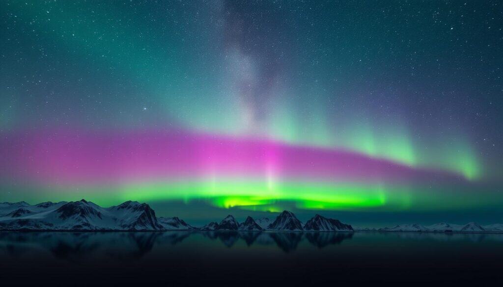 A stunning vista of the Northern Lights in Greenland, captured in the crisp, clear night sky. A vibrant display of emerald and violet aurora borealis dances across the horizon, reflected in the still, icy waters below. In the foreground, rugged, snow-capped mountains stand tall, their peaks piercing the ethereal glow. Overhead, the Milky Way stretches across the inky blackness, its stars twinkling like diamonds. The scene is bathed in a soft, natural light, creating a serene and otherworldly atmosphere. The perfect blend of natural beauty and breathtaking wonder, inviting the viewer to experience the magic of the Arctic frontier.