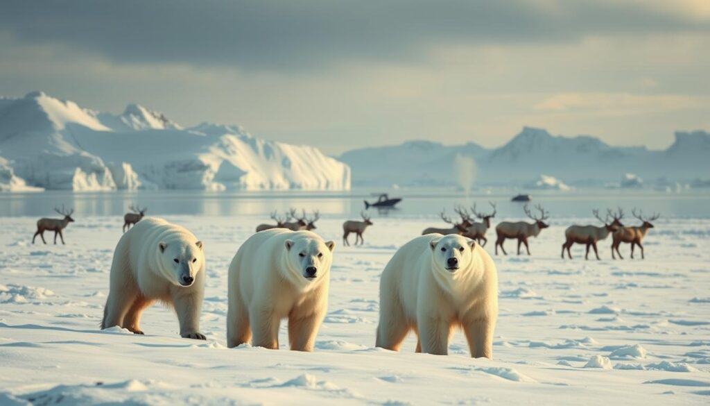 A stunning winter landscape in Greenland's remote Arctic wilderness. In the foreground, a group of majestic polar bears, their thick white fur coats glistening in the soft, diffused sunlight. Behind them, a herd of caribou gracefully navigates the snowy terrain, their antlers silhouetted against the breathtaking backdrop of towering glaciers and ice-covered fjords. In the distance, a pod of whales breaches the frigid waters, their powerful bodies momentarily breaking the serene surface. The scene is bathed in a cool, ethereal glow, the result of a wide-angle lens and a careful balance of natural lighting. An atmospheric, cinematic composition that captures the raw, untamed beauty of the Arctic frontier.