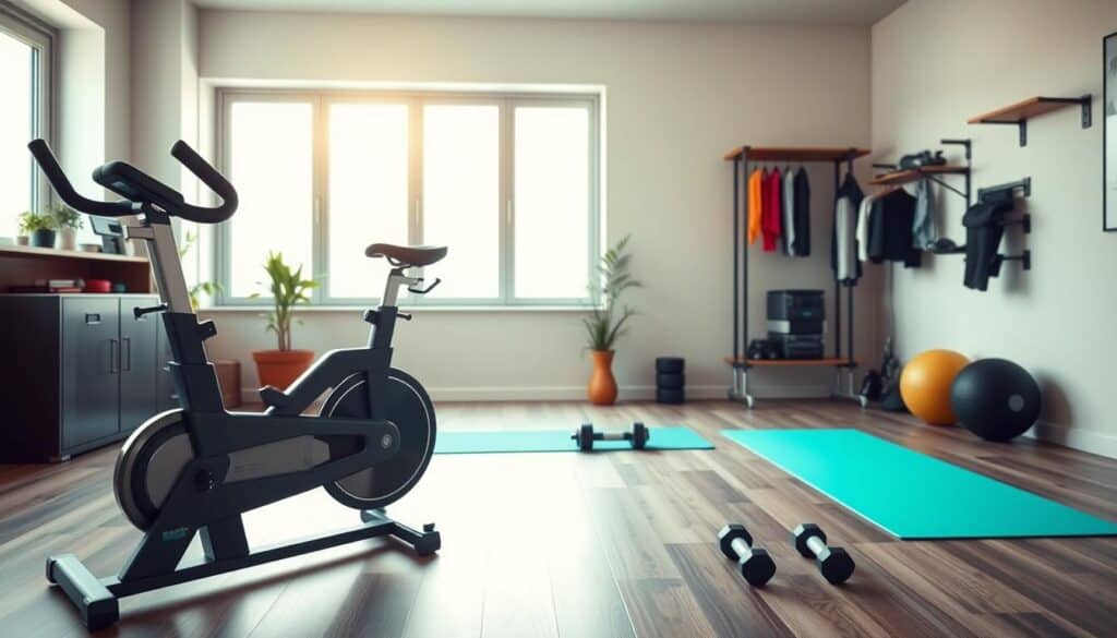 A well-equipped home gym, filled with the best exercise equipment for anxiety relief. In the foreground, a stationary exercise bike stands ready, its sleek design and smooth motion inviting the user to embark on a cardio session. Nearby, a yoga mat unfurls, its calming hues complementing the serene atmosphere. In the middle ground, a pair of dumbbells and resistance bands lie neatly, offering a range of strength-building exercises. Overhead, soft, natural lighting filters through large windows, creating a warm, inviting ambiance. The background features a minimalist, yet functional wall-mounted storage system, housing additional accessories to support a comprehensive fitness routine tailored for stress management. A well-equipped home gym, filled with the best exercise equipment for anxiety relief. In the foreground, a stationary exercise bike stands ready, its sleek design and smooth motion inviting the user to embark on a cardio session. Nearby, a yoga mat unfurls, its calming hues complementing the serene atmosphere. In the middle ground, a pair of dumbbells and resistance bands lie neatly, offering a range of strength-building exercises. Overhead, soft, natural lighting filters through large windows, creating a warm, inviting ambiance. The background features a minimalist, yet functional wall-mounted storage system, housing additional accessories to support a comprehensive fitness routine tailored for stress management.