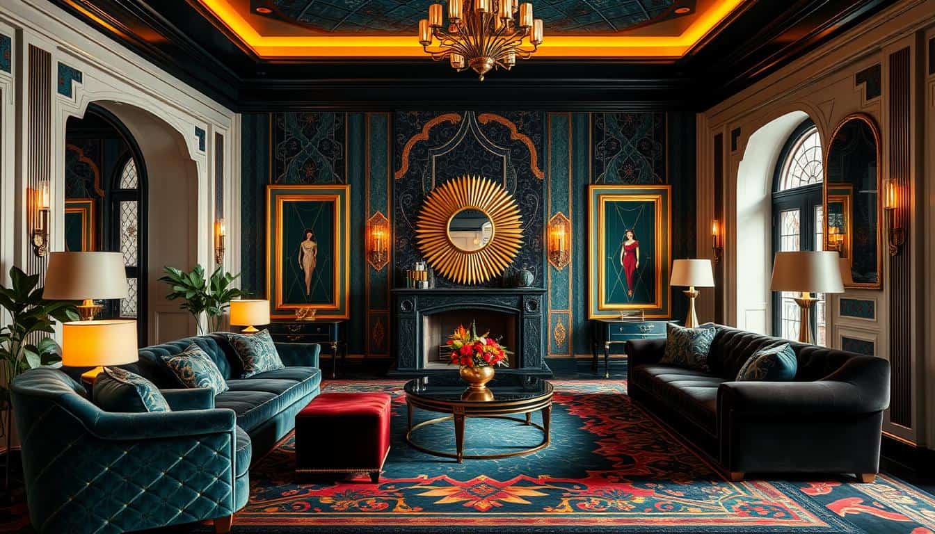 Art Deco living room with geometric patterns, rich colors, and luxurious materials showcasing 1920s design elements
