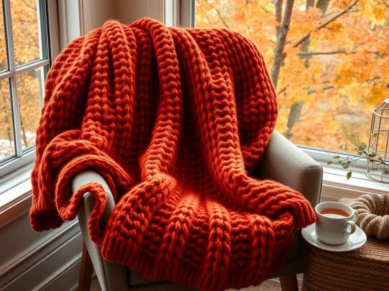 Chunky knit blanket in warm autumn colors perfect for fall knitting projects
