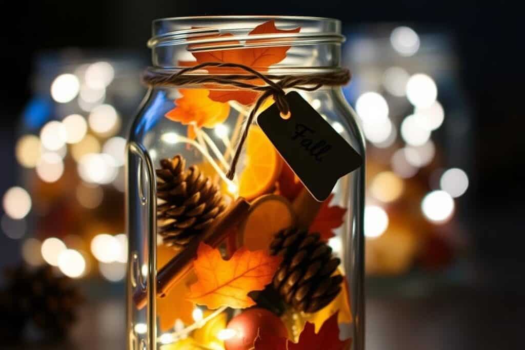 Completed Fall Filler Glow Jar with autumn elements and fairy lights glowing inside