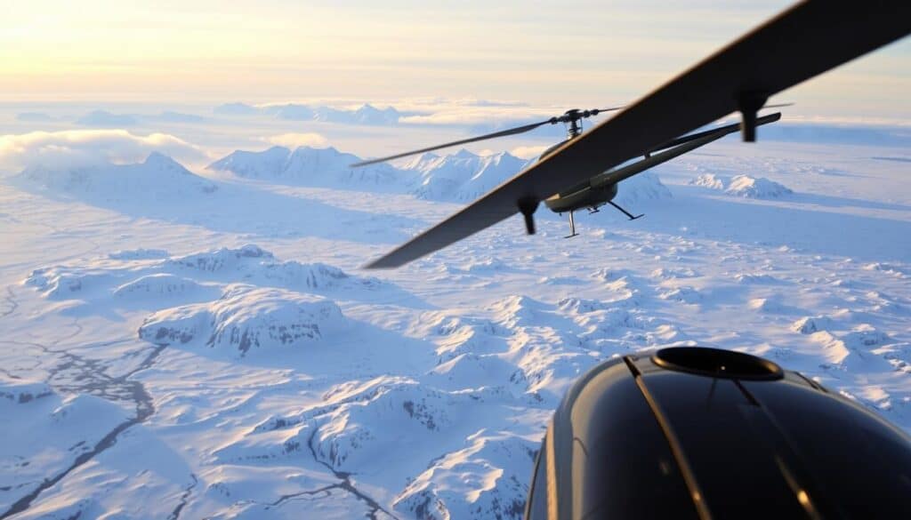 Greenland helicopter soaring over a vast, snow-capped Arctic landscape. In the foreground, the helicopter's sleek silhouette, its blades slicing through the crisp, clear air. Below, a rugged, icy terrain dotted with deep crevasses and towering glaciers, bathed in the soft, golden light of the Arctic sun. In the distance, the horizon line blurs as jagged mountains rise up, their peaks shrouded in wispy clouds. The scene exudes a sense of grand, untamed wilderness, inviting the viewer to imagine the thrill of this breathtaking aerial adventure.