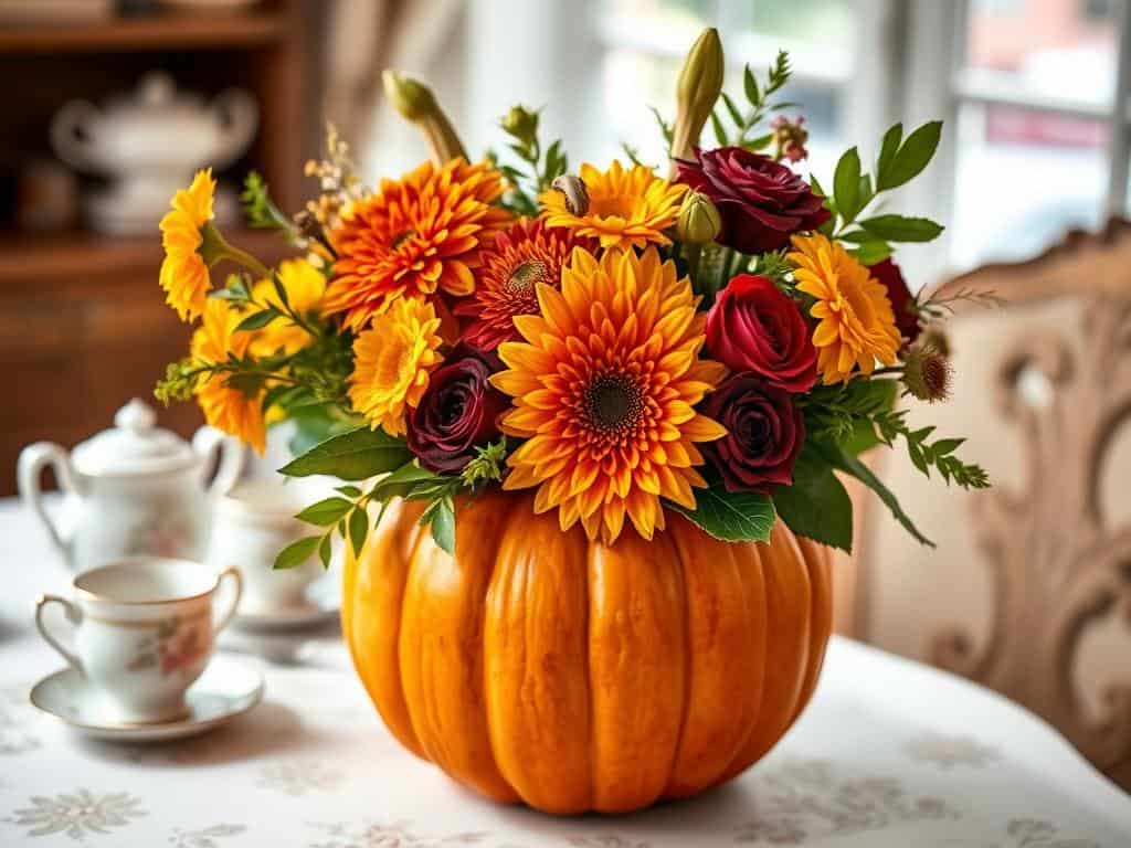 Hollowed orange pumpkin filled with fall flowers including dahlias, roses, and greenery on a tea table
