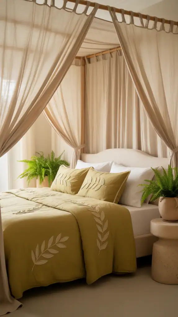 Beige canopy bed with olive bedding and natural accents.