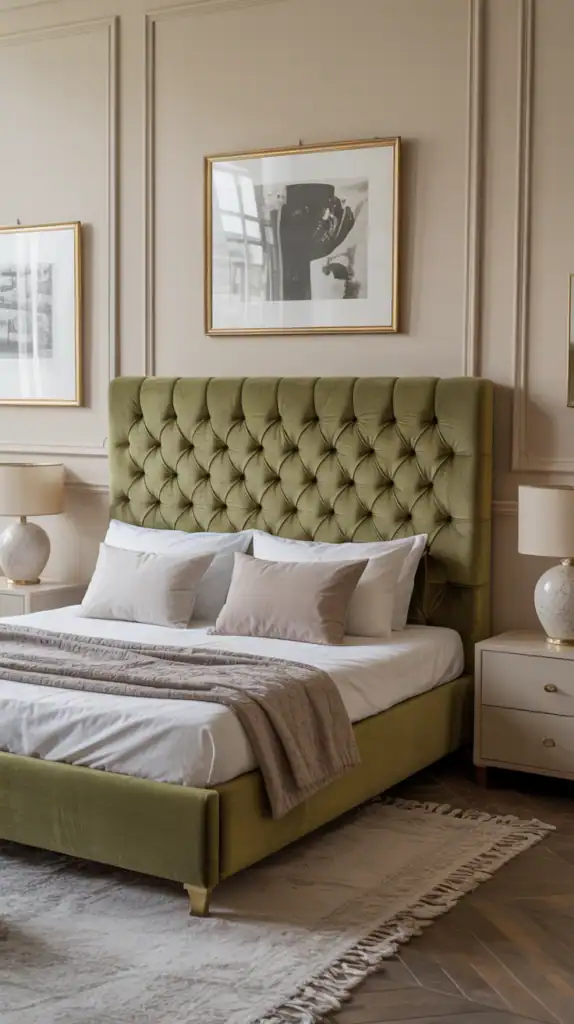Olive green headboard in beige bedroom with modern decor.