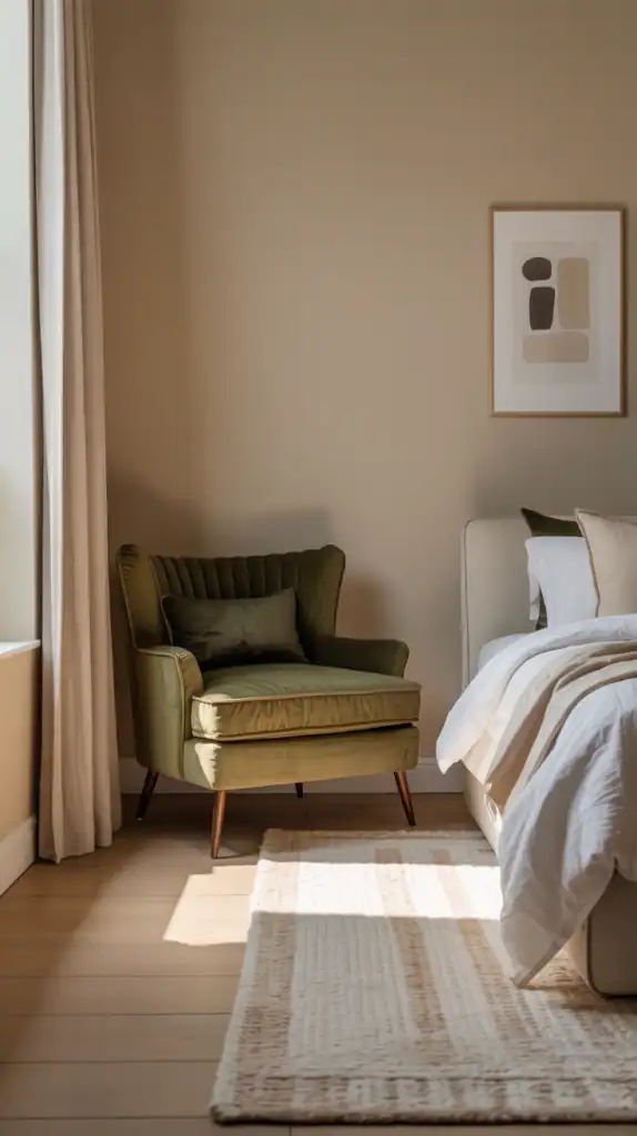 Beige bedroom with olive accent chair and cozy layers.