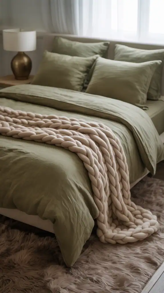 Olive green bedding with beige throw in cozy bedroom.