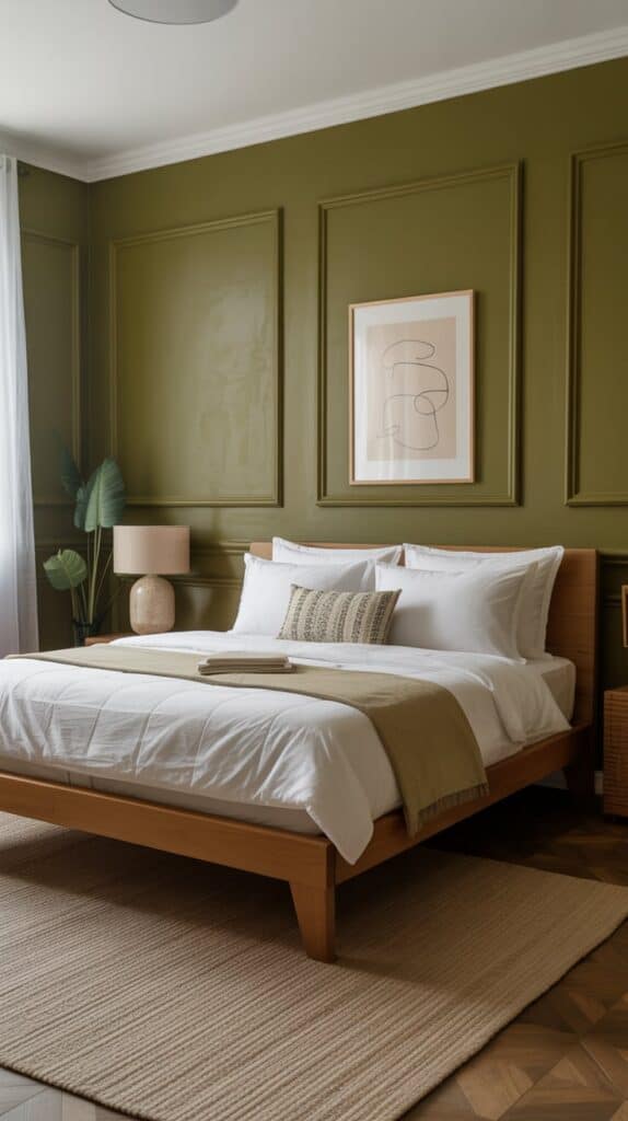 Olive walls with beige rug and minimalist bedroom design.