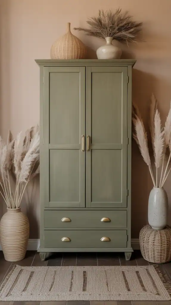 Olive green wardrobe in beige bedroom with brass accents.