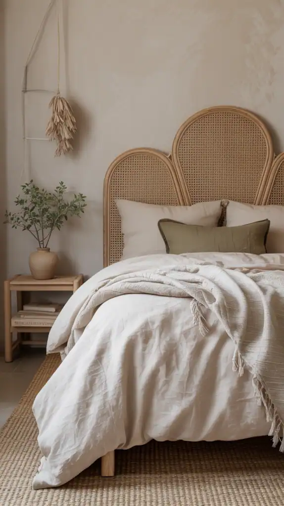 Beige linen duvet with olive pillows and natural headboard.