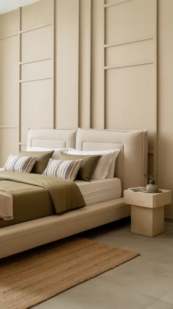 Beige platform bed with olive bedding and minimalist design.