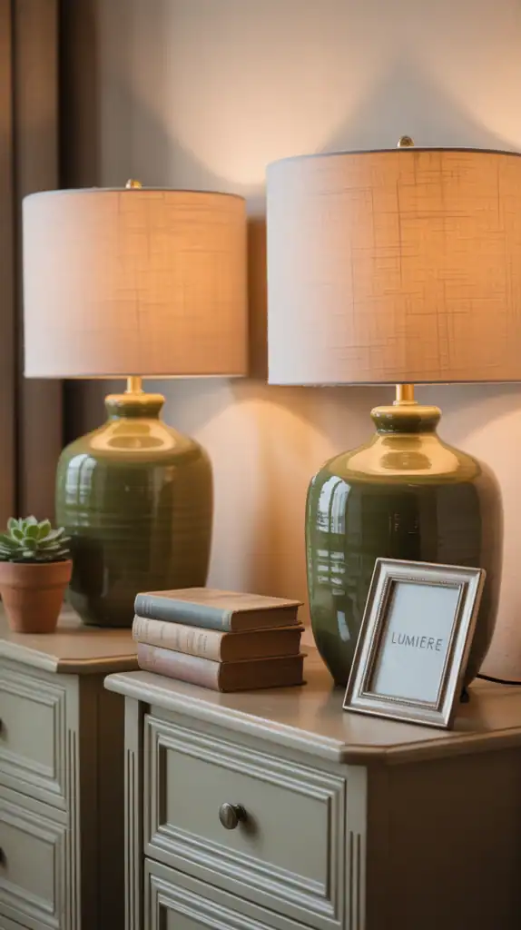 Olive lamps on beige nightstands with neutral accents.