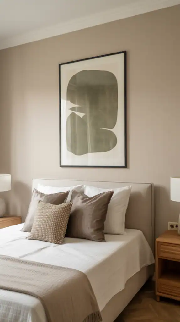 Beige walls with olive artwork in a modern bedroom.