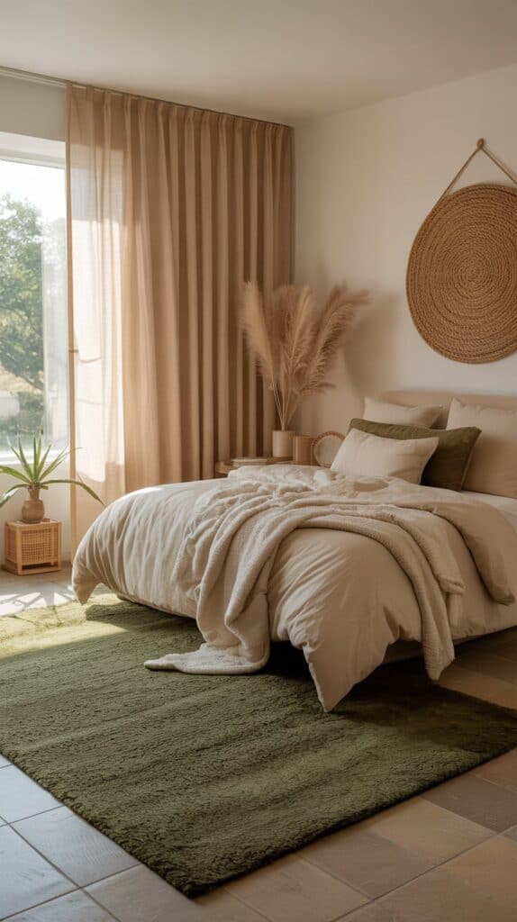 Olive green rug under beige bedding with layered decor.