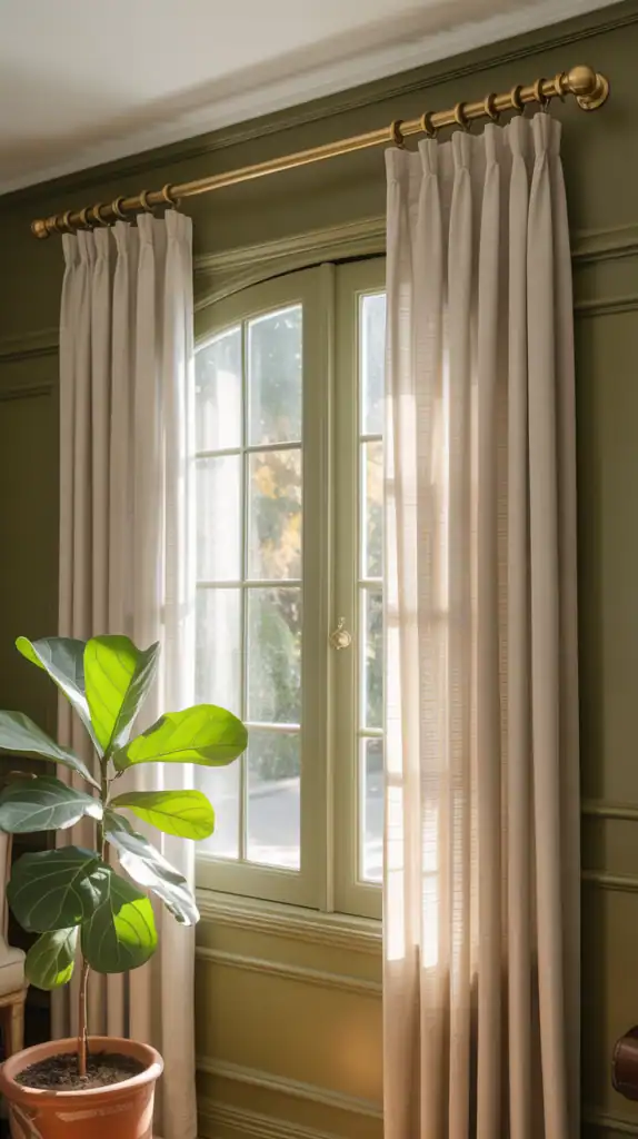 Beige curtains against olive walls with greenery accent.