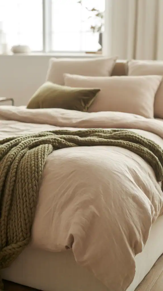 Beige bed with olive green throw and cushions.