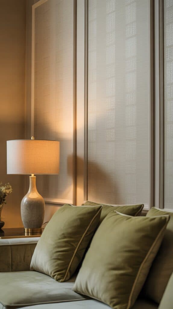 Beige wallpaper with olive green accents in bedroom.