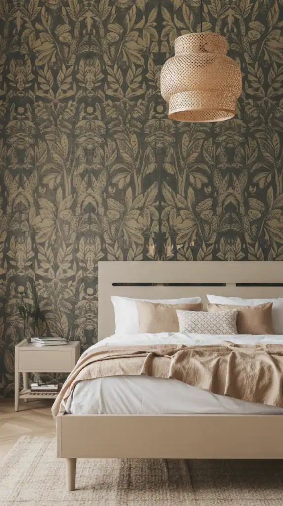 Beige bed frame with olive wallpaper backdrop.