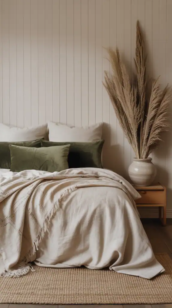 Olive and beige bedroom with velvet, linen, and jute textures.