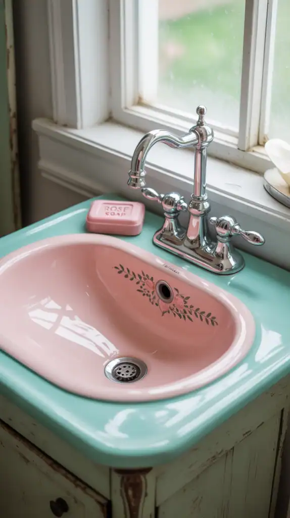 A colorful bathroom sink with pink and mint green fixtures.