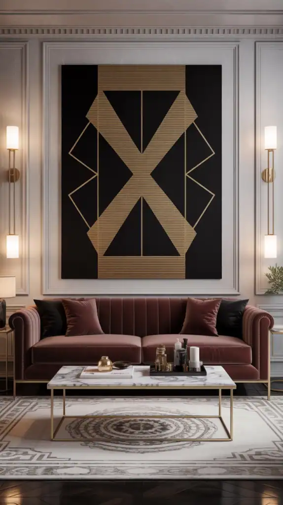 Black and gold geometric canvas in glam living room.
