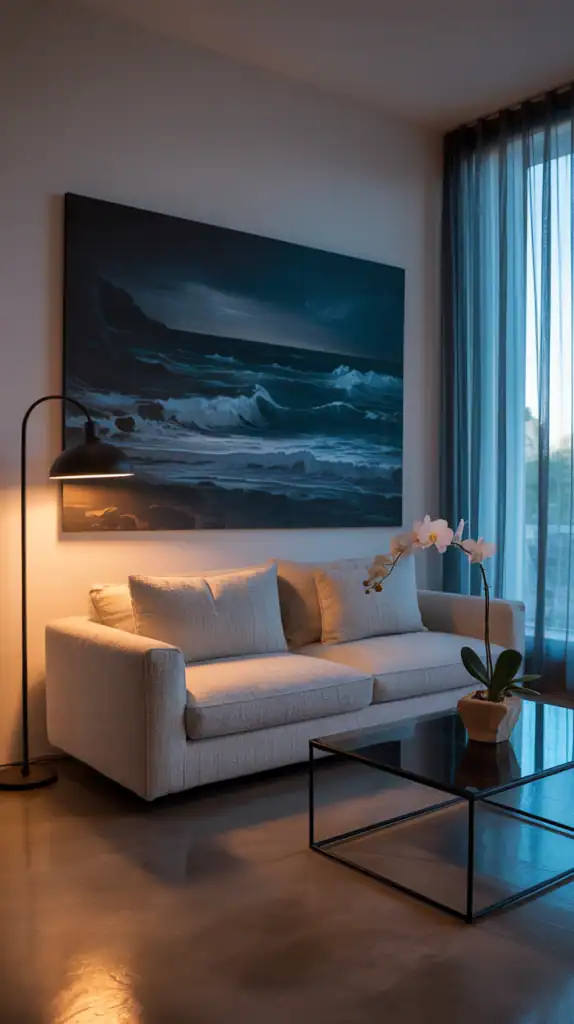 Dark abstract ocean canvas in modern lounge.