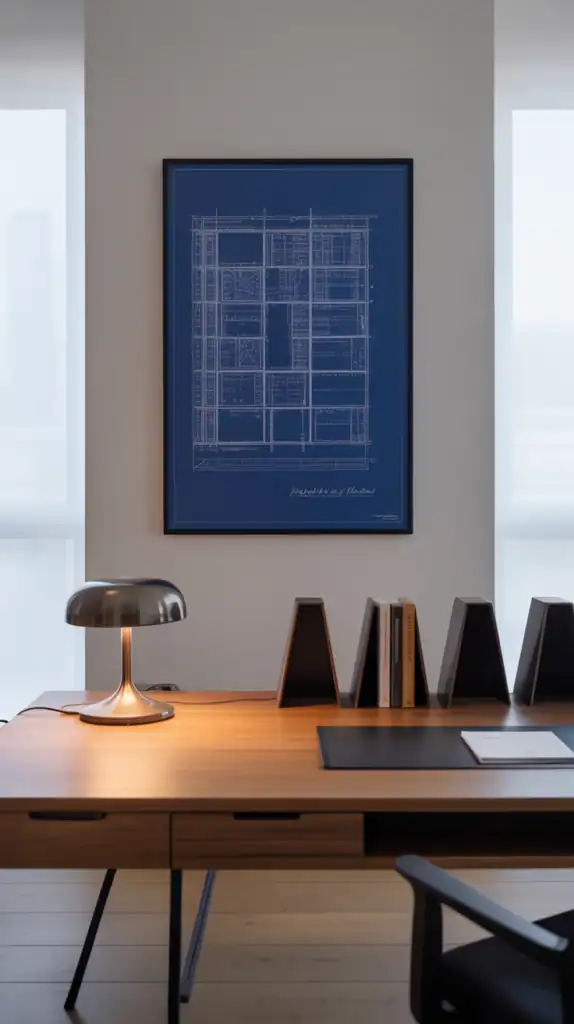 Large blueprint-style canvas over desk.