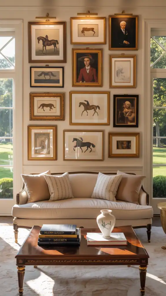 Ralph Lauren living room featuring a gallery wall with equestrian prints and artwork