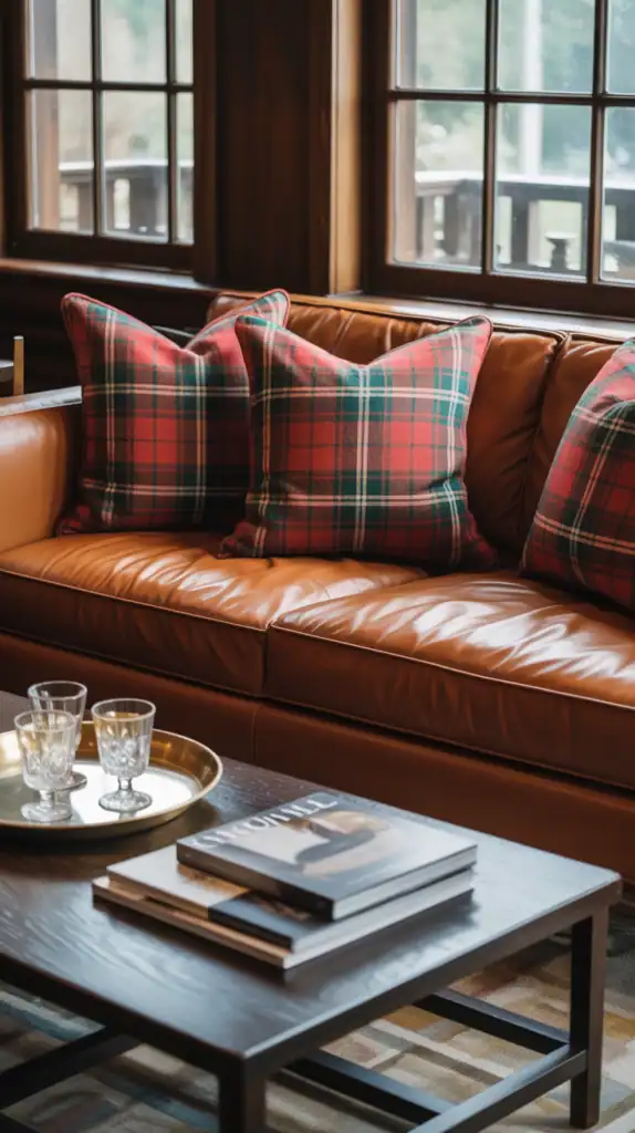 Ralph Lauren living room with cognac leather sofa and tartan pillows Ralph Lauren living room with cognac leather sofa and tartan pillows