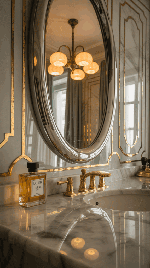 Art Deco metallic accents including chrome, brass and gold elements in interior design