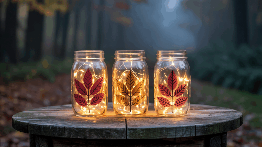 Painted Silhouette Glow mason Jars with fairy lights and fall designs glowing in the dark
