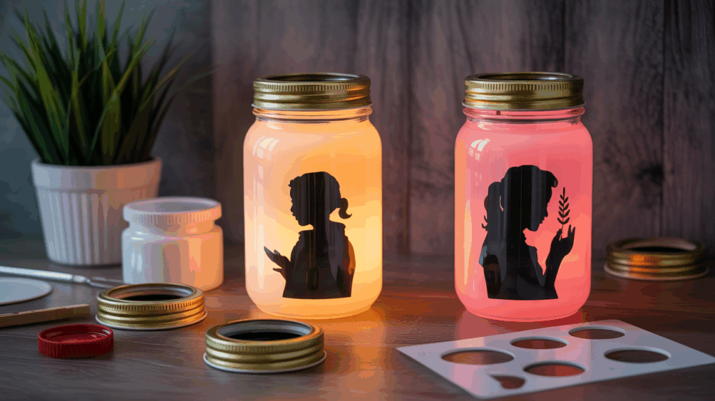 Process of creating Painted Silhouette Glow Jars with stencils and paint