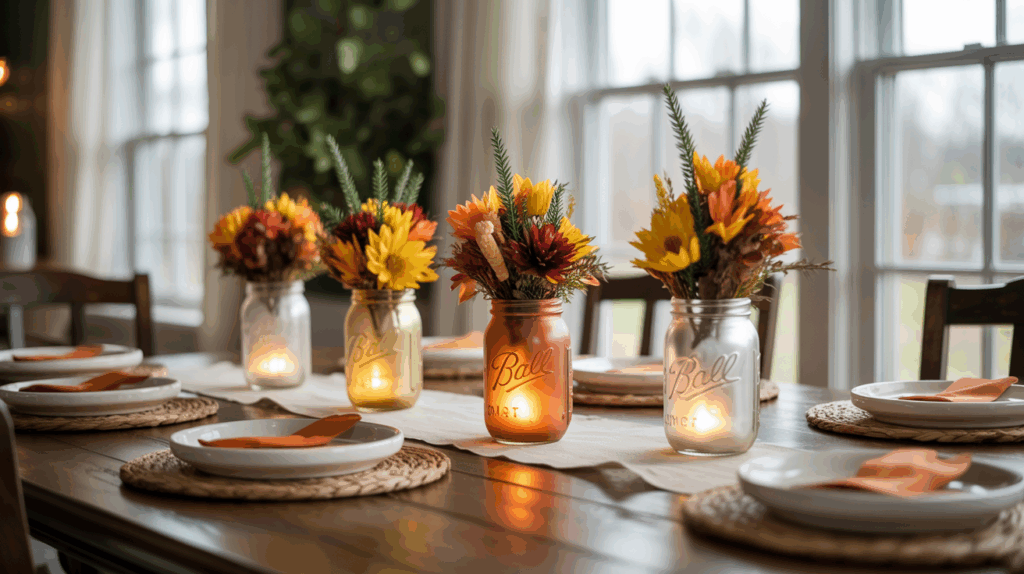 Multiple Mason jar fall crafts displayed as a centerpiece on a dining table