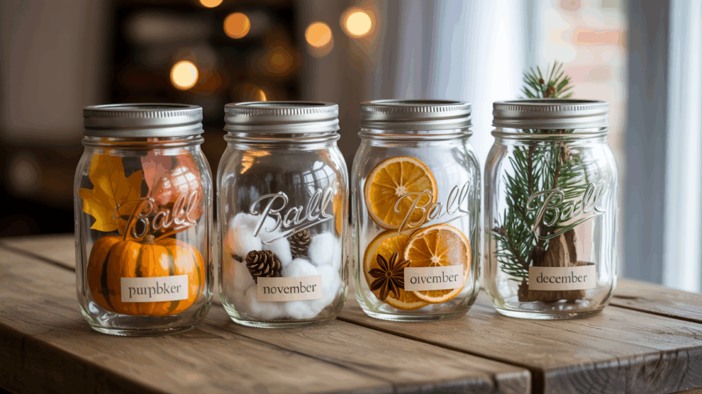 Four Mason jar fall crafts showing different seasonal variations from early fall to winter