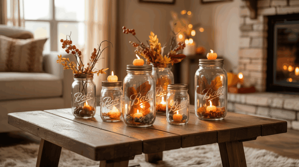 A cozy fall evening scene with Mason jar fall crafts glowing in a living room