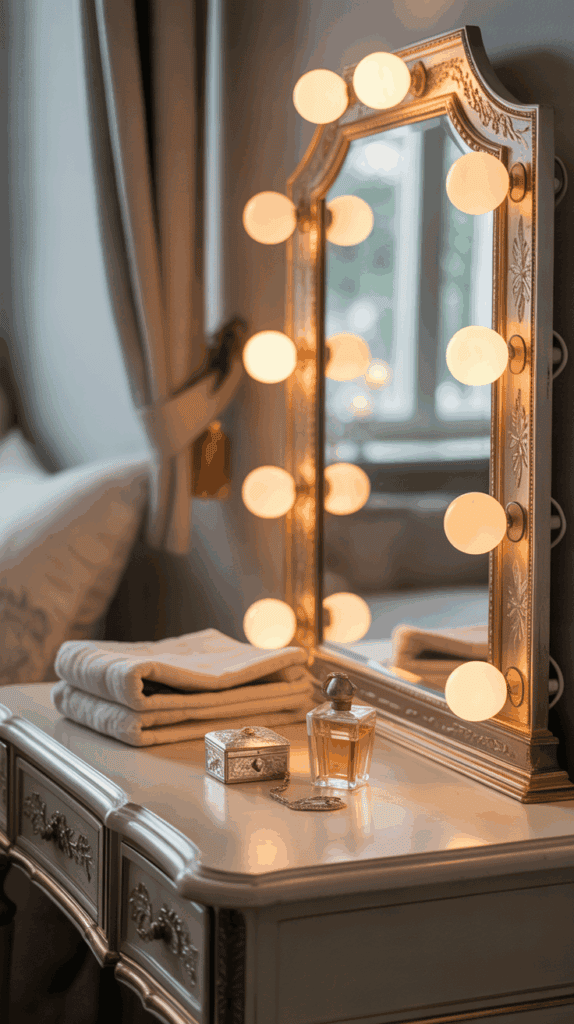 A vanity table with a large mirror framed by globe lights