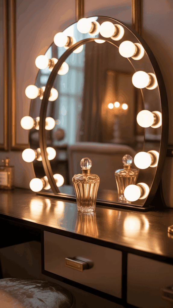 Hollywood-style bulb mirror with warm LED lights and minimal vanity décor