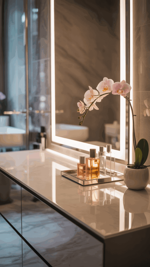 Backlit LED vanity mirror with soft halo lighting in a sleek bedroom