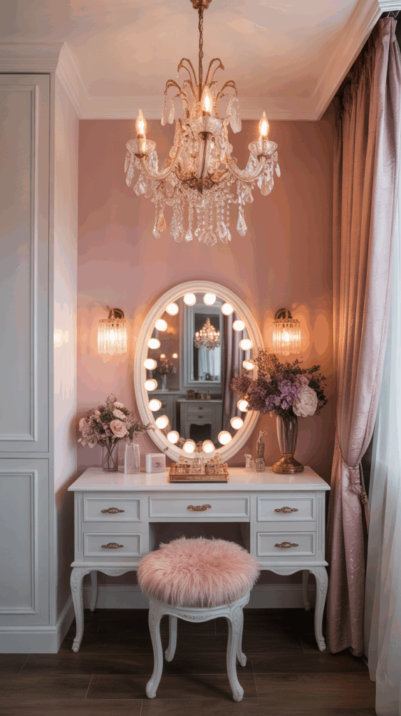 Overhead chandelier adding elegance and soft lighting to a vanity.