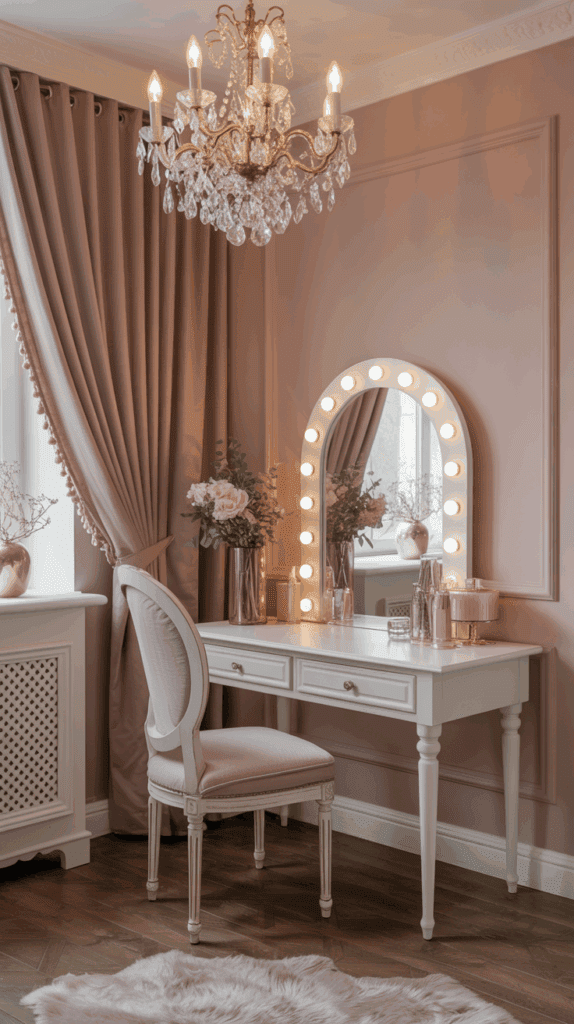 Floating vanity with LED strip lighting under shelves for ambient glow.