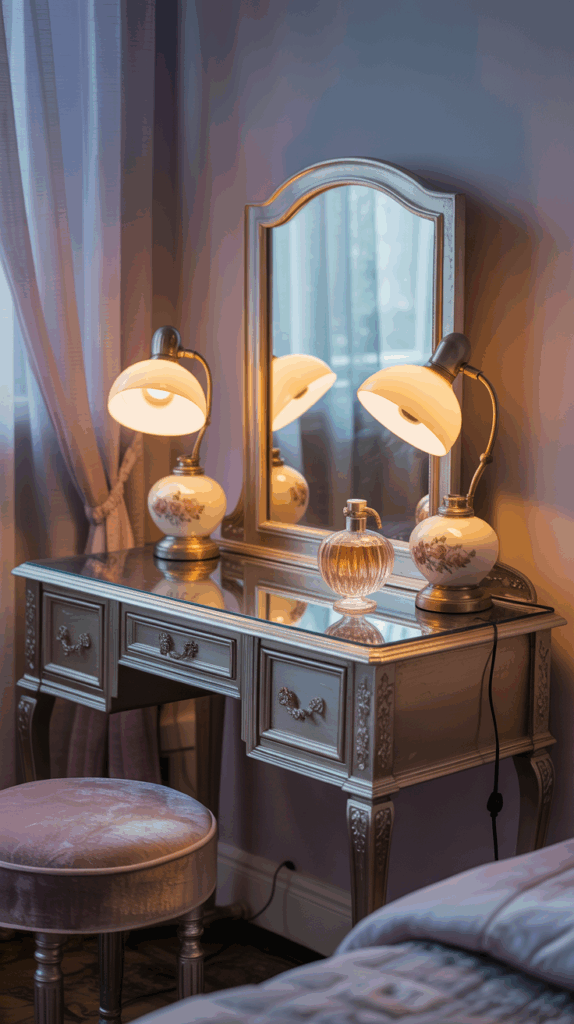 Vanity with tabletop touch lamps for portable and adjustable lighting