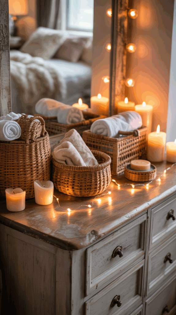 Vanity decorated with glowing globe bulb string lights in a boho style.