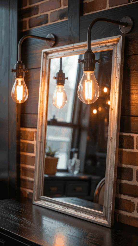Vanity with adjustable swing-arm lamps for flexible task lighting.