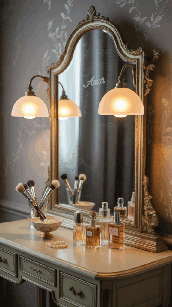 Frosted glass dome lights creating diffused, elegant vanity lighting.