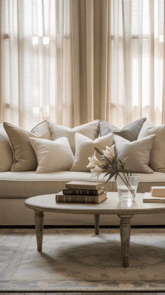 Neutral Ralph Lauren–style living room with cream walls, beige sofa, and cozy layered accents